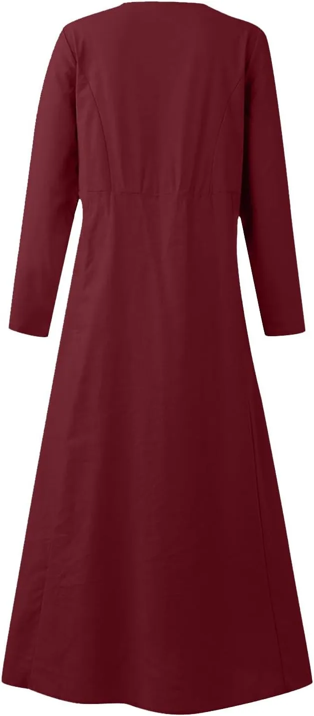 jsaierl Women Summer Cotton Linen Maxi Dress Loose Flowy A Line High Waited Dress with Pockets Long Sleeve Crewneck Dress