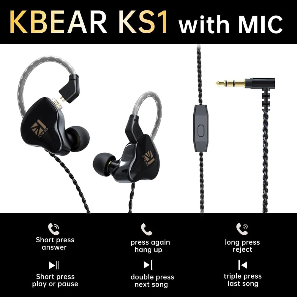 KBEAR KS1 Wired Earbuds, Earphones in Ear Monitor Super Bass, Crystal Clear Sound IEM Headphones, High Resolution Noise Canceling Ear Monitors Headphone for Singers (Black, with Mic)