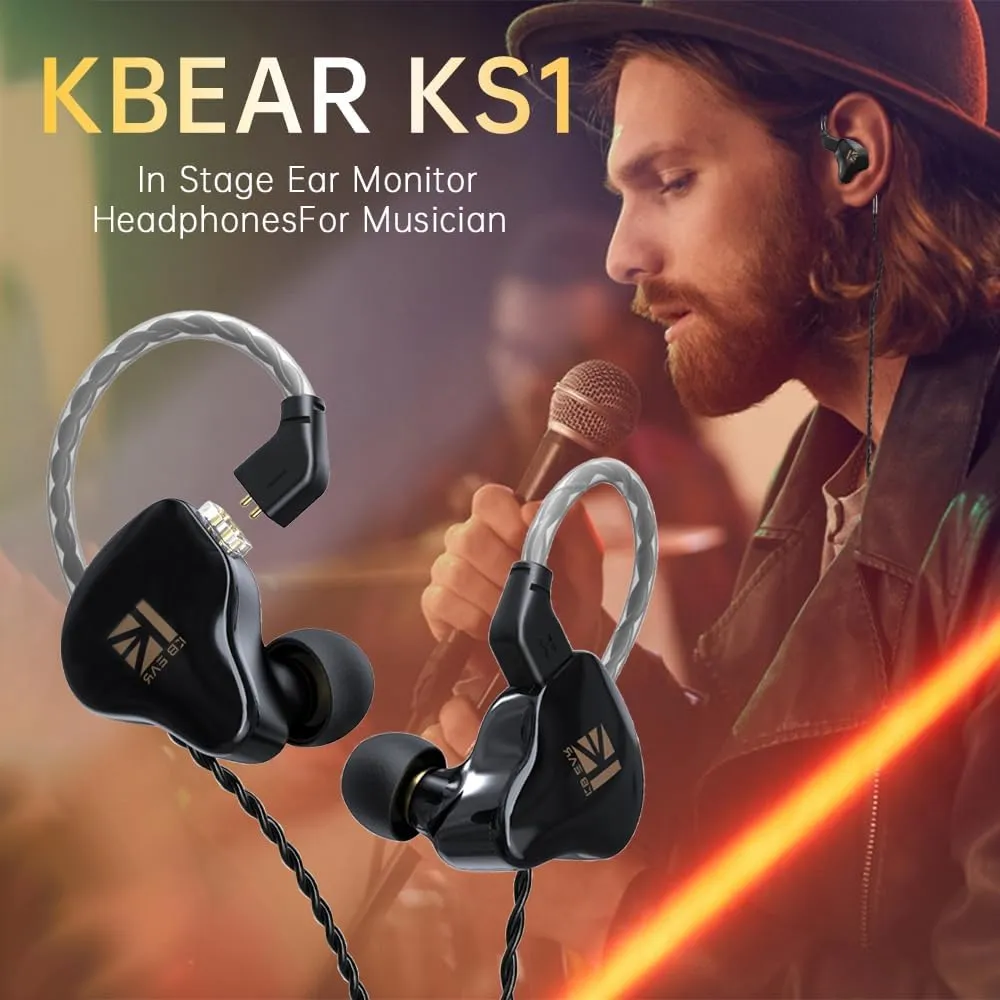 KBEAR KS1 Wired Earbuds, Earphones in Ear Monitor Super Bass, Crystal Clear Sound IEM Headphones, High Resolution Noise Canceling Ear Monitors Headphone for Singers (Black, with Mic)