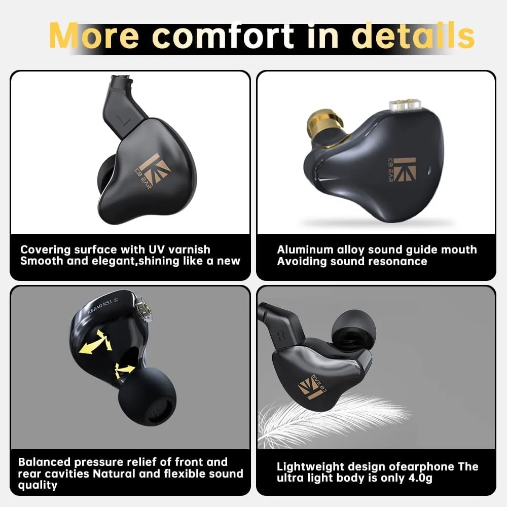 KBEAR KS1 Wired Earbuds, Earphones in Ear Monitor Super Bass, Crystal Clear Sound IEM Headphones, High Resolution Noise Canceling Ear Monitors Headphone for Singers (Black, with Mic)