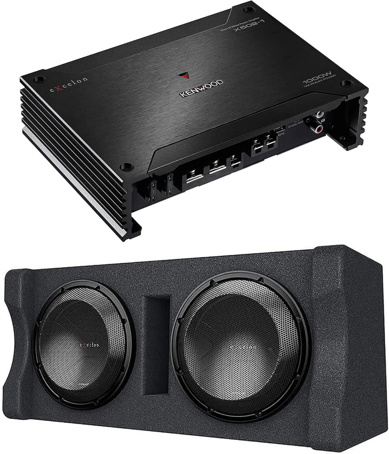 Kenwood X502-1 eXcelon 500-Watt @ 2 Ohms Class D Subwoofer Amplifier | Plus Excelon P-XW1221D Ported 2-ohm Dual Loaded Enclosure with Two 12" Subwoofers