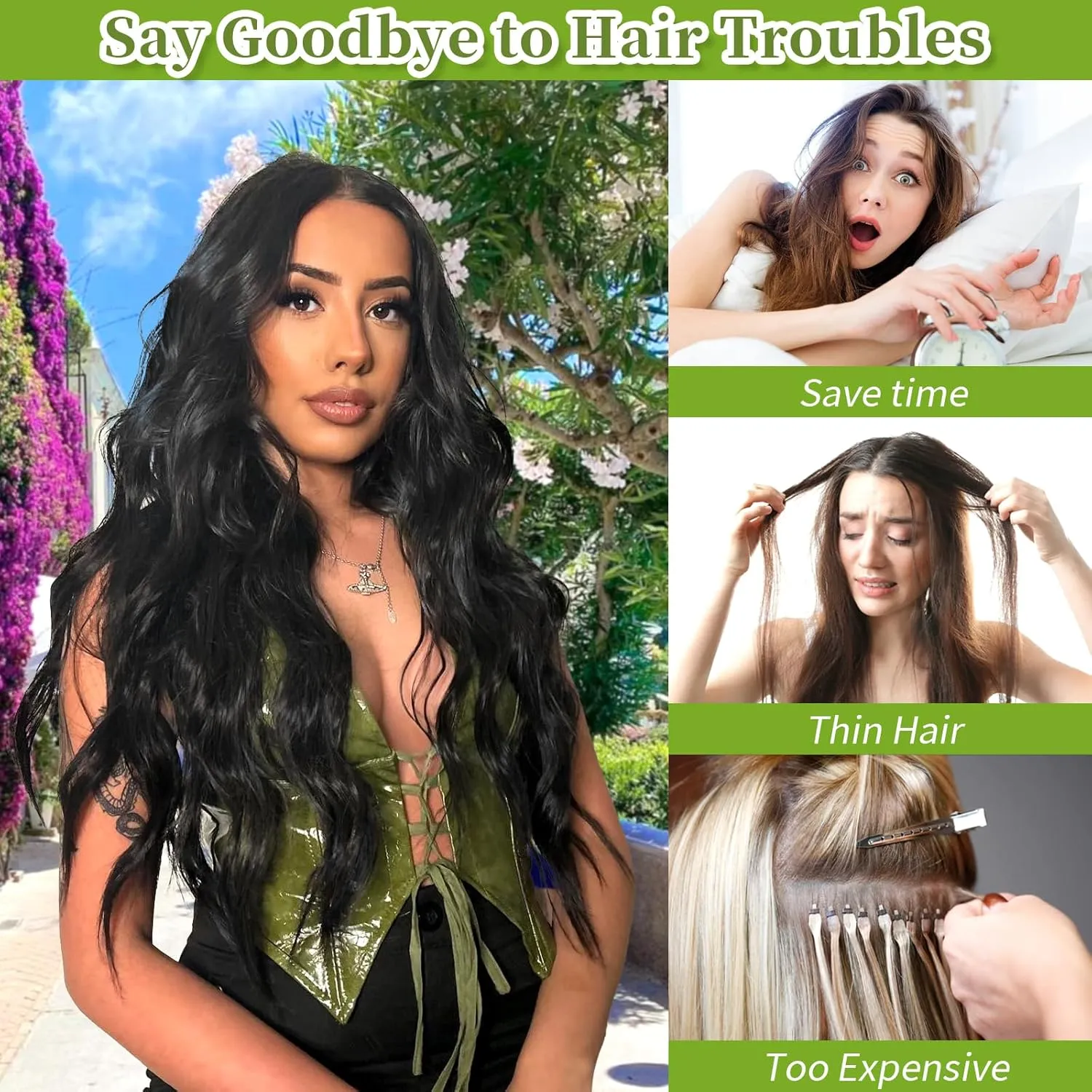 KooKaStyle Invisible Wire Hair Extensions with Transparent Wire Adjustable Size 4 Secure Clips Long Wavy Secret Hairpiece (24 Inch, Black)