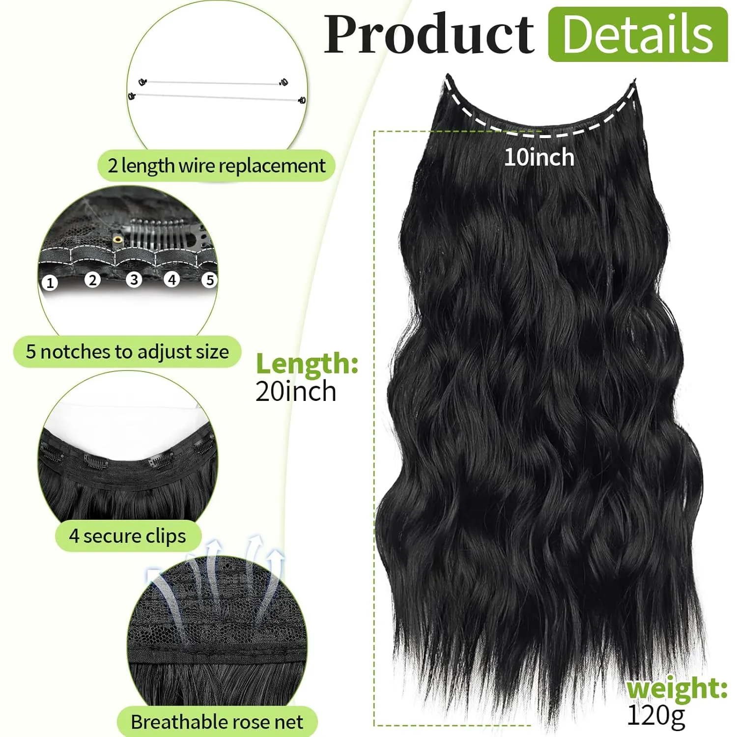 KooKaStyle Invisible Wire Hair Extensions with Transparent Wire Adjustable Size 4 Secure Clips Long Wavy Secret Hairpiece (24 Inch, Black)