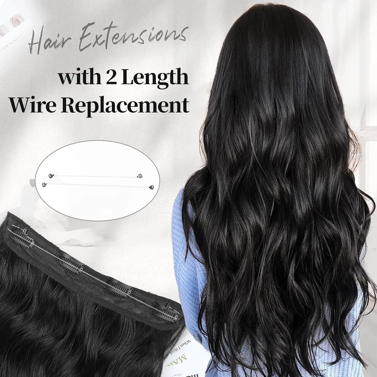 KooKaStyle Invisible Wire Hair Extensions with Transparent Wire Adjustable Size 4 Secure Clips Long Wavy Secret Hairpiece (24 Inch, Black)