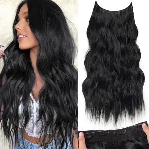 KooKaStyle Invisible Wire Hair Extensions with Transparent Wire Adjustable Size 4 Secure Clips Long Wavy Secret Hairpiece (24 Inch, Black)