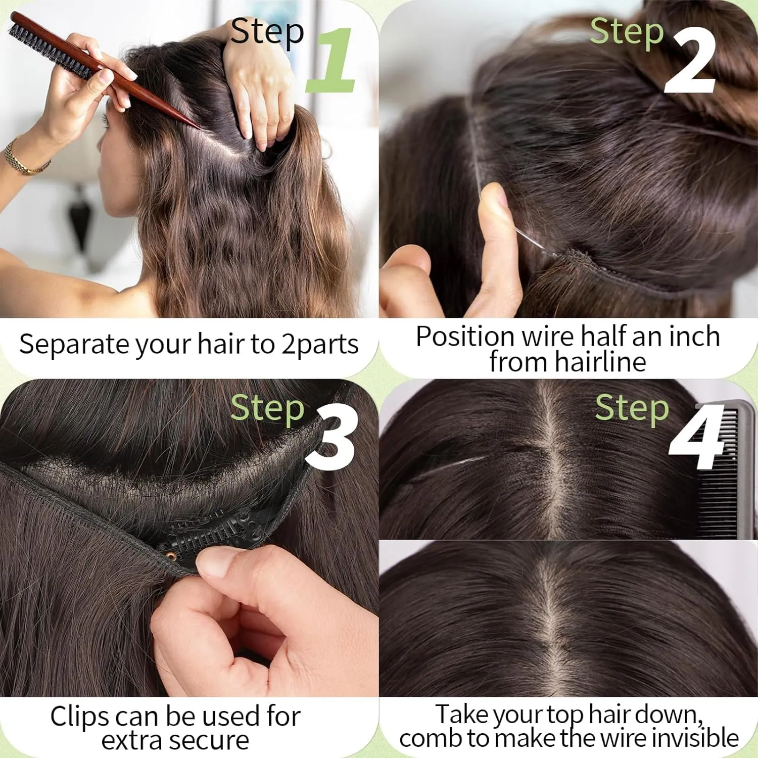 KooKaStyle Invisible Wire Hair Extensions with Transparent Wire Adjustable Size 4 Secure Clips Long Wavy Secret Wire Hairpiece 24 Inch for Women (Balayage Dark Brown to Chestnut)