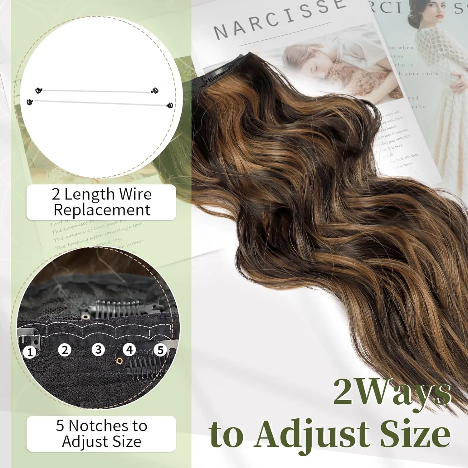 KooKaStyle Invisible Wire Hair Extensions with Transparent Wire Adjustable Size 4 Secure Clips Long Wavy Secret Wire Hairpiece 24 Inch for Women (Balayage Dark Brown to Chestnut)