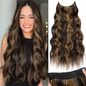 KooKaStyle Invisible Wire Hair Extensions with Transparent Wire Adjustable Size 4 Secure Clips Long Wavy Secret Wire Hairpiece 24 Inch for Women (Balayage Dark Brown to Chestnut)
