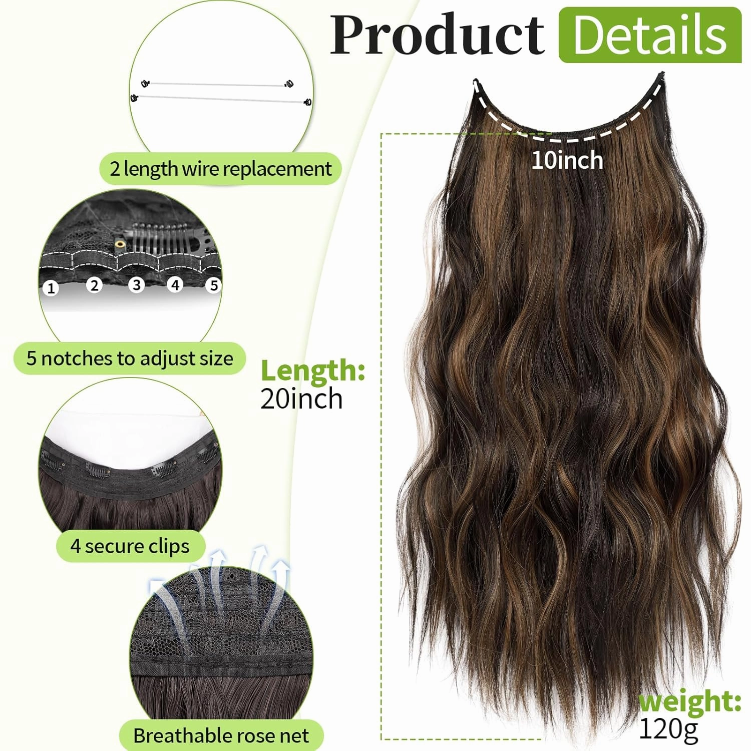 KooKaStyle Invisible Wire Hair Extensions with Transparent Headband Adjustable Size 4 Secure Clips Long Wavy Highlight Hairpiece 20 Inch Balayage Dark Brown to Chestnut for Women