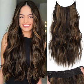 KooKaStyle Invisible Wire Hair Extensions with Transparent Headband Adjustable Size 4 Secure Clips Long Wavy Highlight Hairpiece 20 Inch Balayage Dark Brown to Chestnut for Women