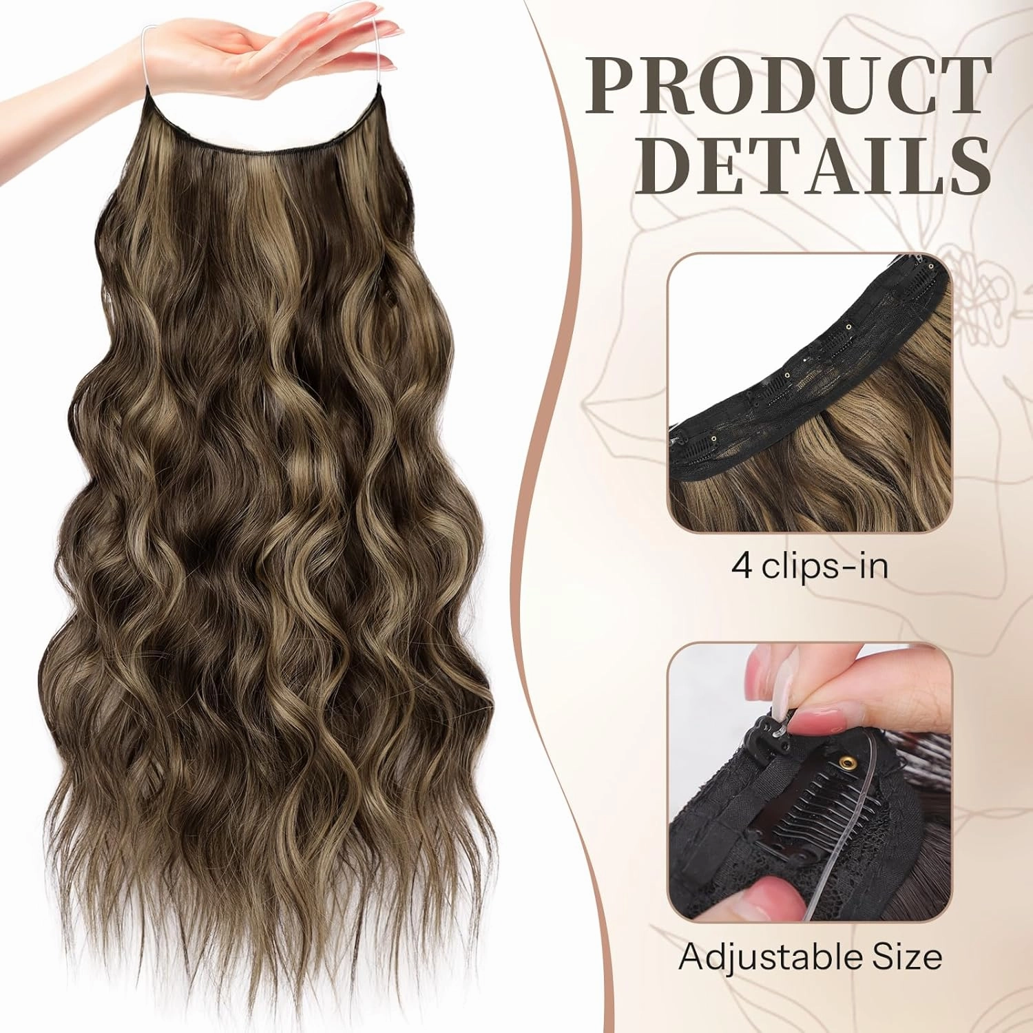 KooKaStyle Invisible Wire Hair Extensions with Transparent Headband Adjustable Size 4 Secure Clips Long Wavy Secret Wire Hairpiece 24 Inch for Women (Balayage Chocolate Brown to Caramel Blonde)