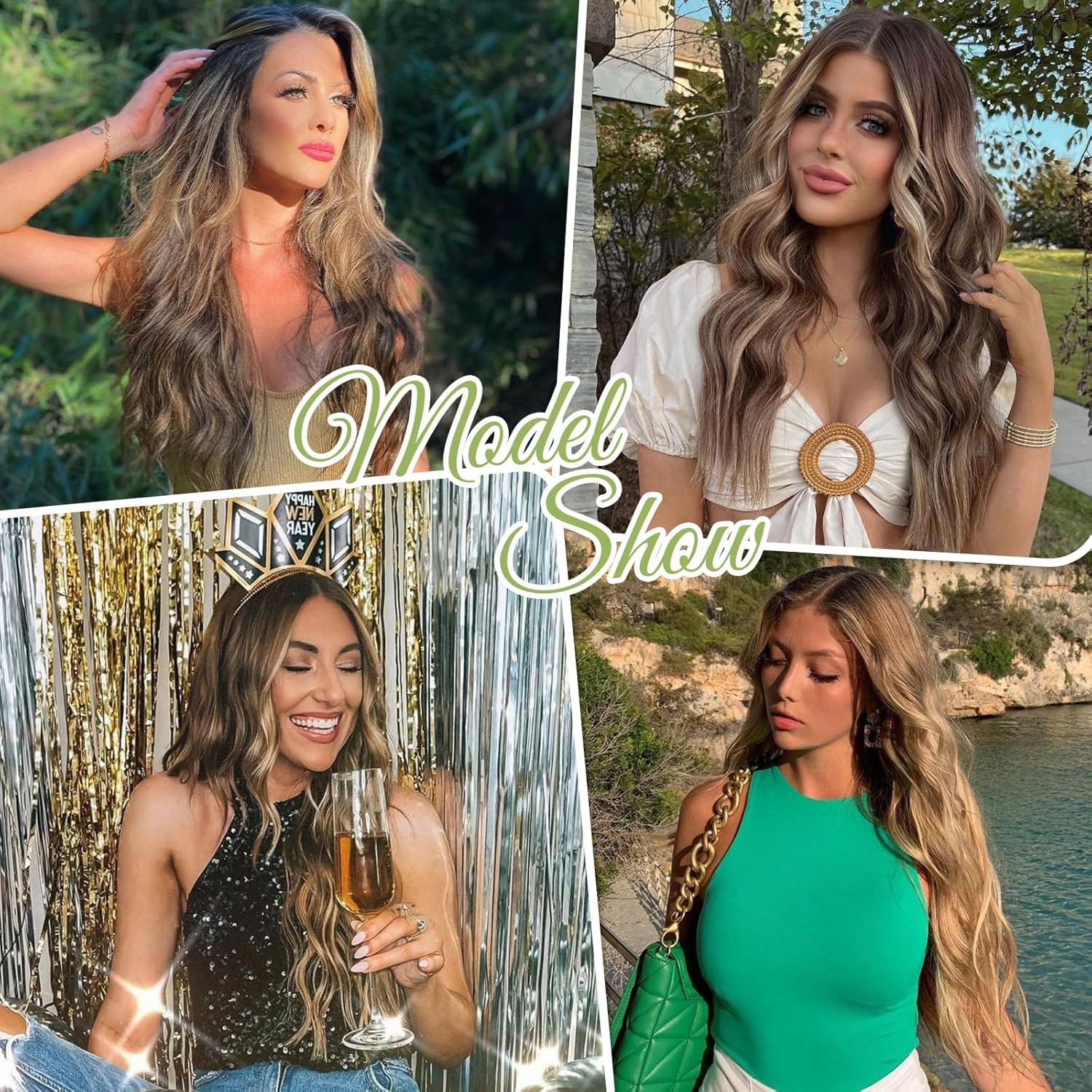 KooKaStyle Invisible Wire Hair Extensions with Transparent Headband Adjustable Size 4 Secure Clips Long Wavy Secret Wire Hairpiece 24 Inch for Women (Balayage Chocolate Brown to Caramel Blonde)