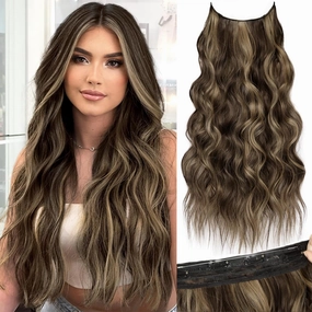 KooKaStyle Invisible Wire Hair Extensions with Transparent Headband Adjustable Size 4 Secure Clips Long Wavy Secret Wire Hairpiece 24 Inch for Women (Balayage Chocolate Brown to Caramel Blonde)