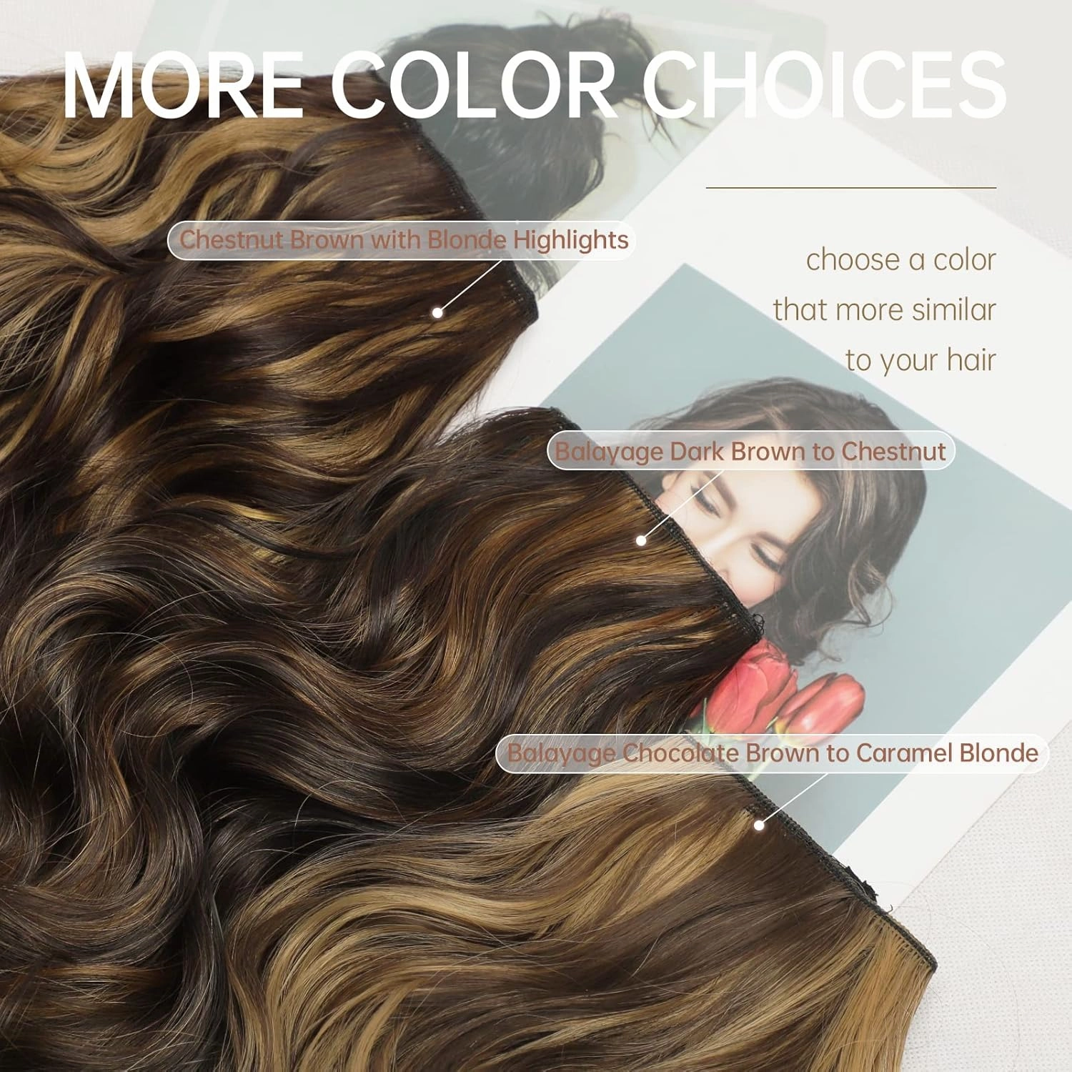 KooKaStyle Invisible Wire Hair Extensions with Transparent Headband Adjustable Size 4 Secure Clips Long Wavy Secret Wire Hairpiece 24 Inch for Women (Balayage Chocolate Brown to Caramel Blonde)