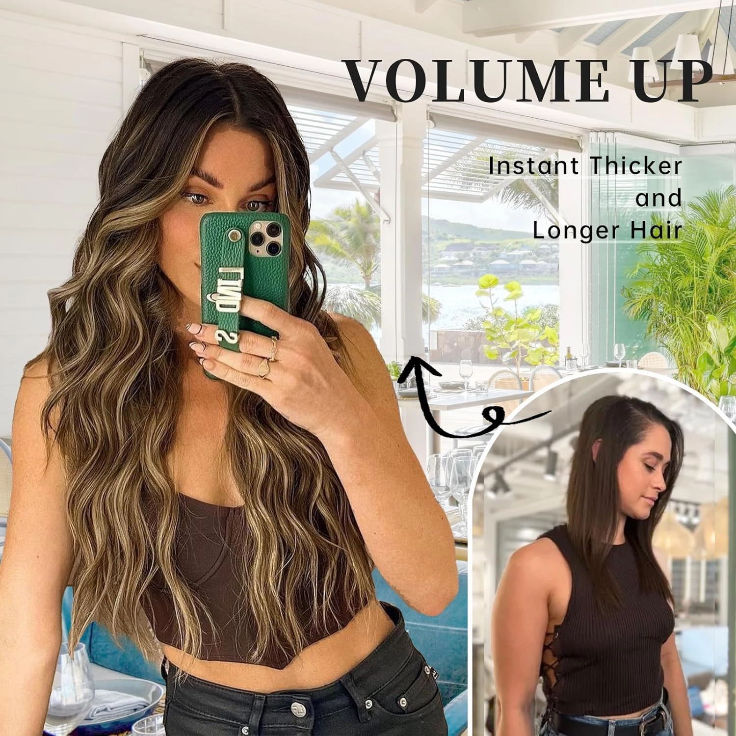 KooKaStyle Invisible Wire Hair Extensions with Transparent Headband Adjustable Size 4 Secure Clips Long Wavy Secret Wire Hairpiece 24 Inch for Women (Balayage Chocolate Brown to Caramel Blonde)