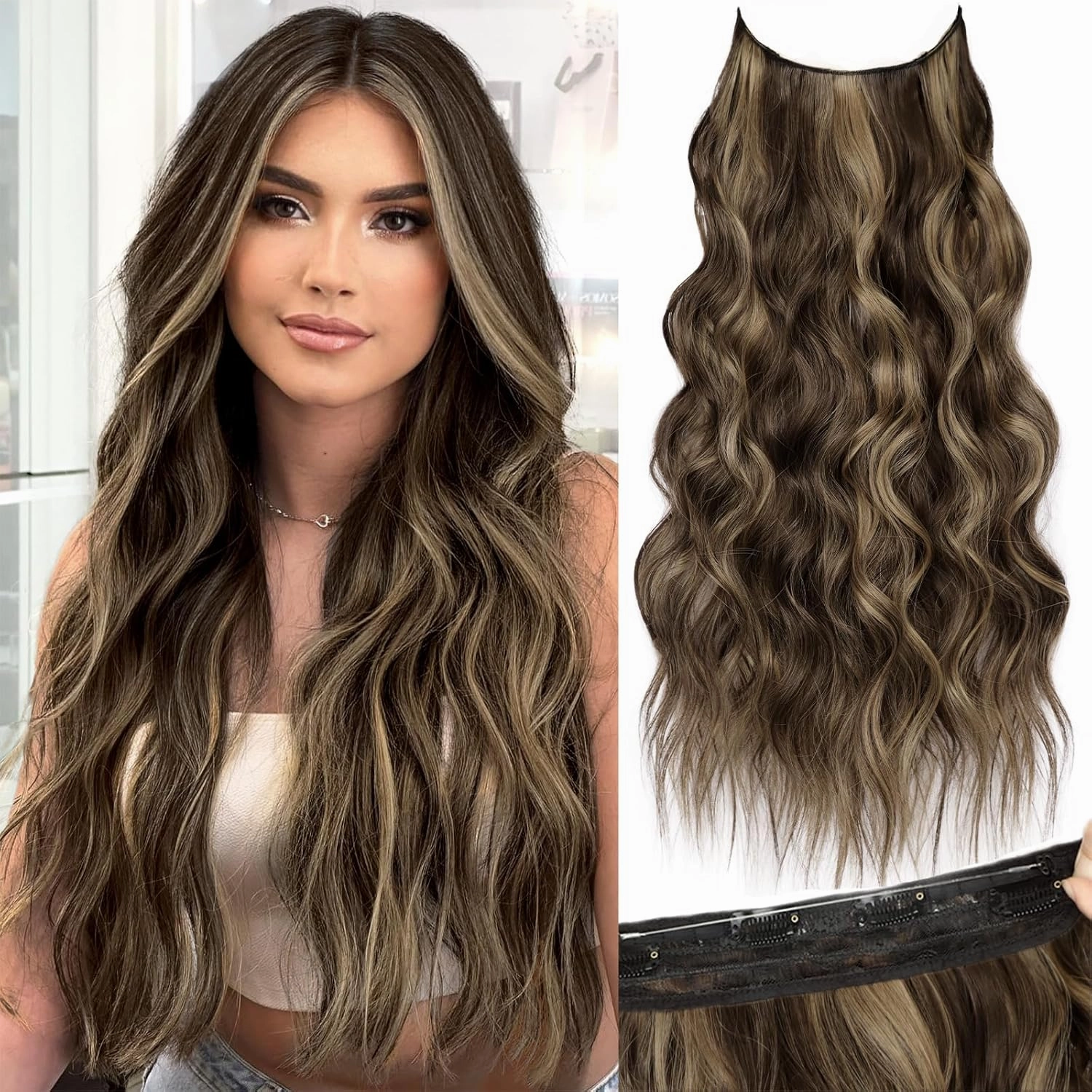 KooKaStyle Invisible Wire Hair Extensions with Transparent Headband Adjustable Size 4 Secure Clips Long Wavy Secret Wire Hairpiece 24 Inch for Women (Balayage Chocolate Brown to Caramel Blonde)