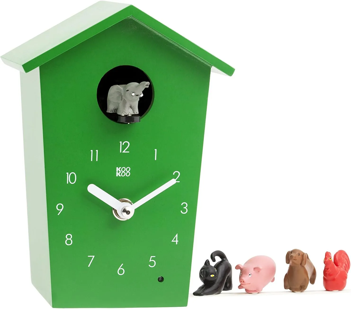 KOOKOO AnimalHouse Green, Small Cuckoo Clock with 5 Farm Animals Sounds (Natural Field Recordings)