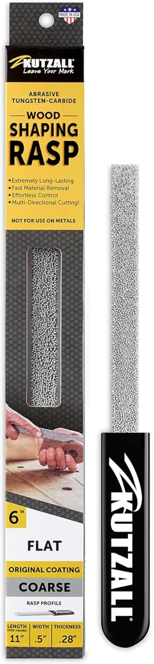 Kutzall Original 6" Flat Hand Rasp - Coarse, Wood Rasp/File Used for Woodworking & Shaping, W/Ergonomic Soft Grip Handle, Abrasive Tungsten Carbide Coating - 11" (279.4mm) Overall Length - FT6330