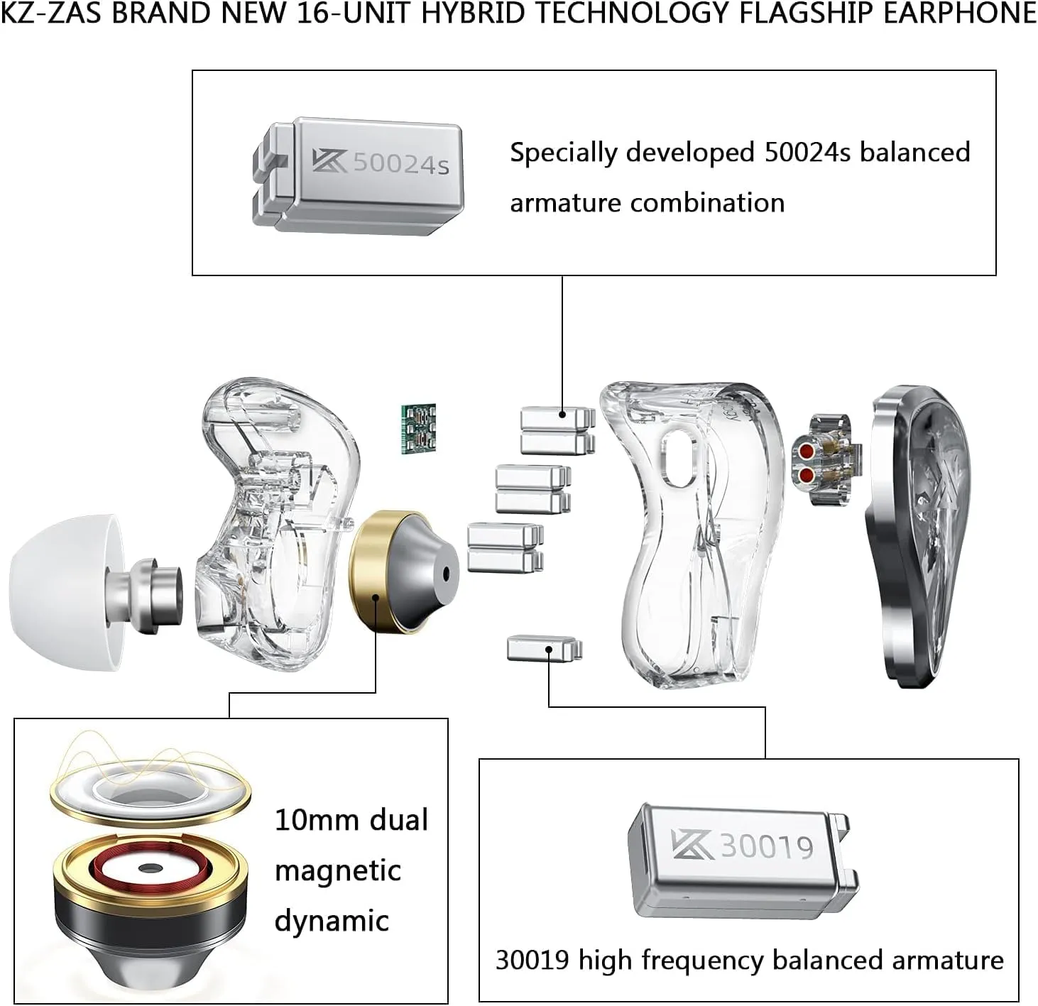 KZ ZAS 7BA 1DD In Ear Earphone - 16 Unit Hybrid Technology Flagship Monitor Headphones - 8Core Cable Music Sport Earphone (with Mic, White)