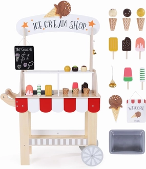 labebe Wooden Ice Cream Cart for Kids, Toddler Ice Cream Truck Pull-Along Pretend Play Stand for 3-8Y, Children Role Play ice cream toy Trolley with Blackboard, ringbell, Ice-lolly for 36M  Girls Boys