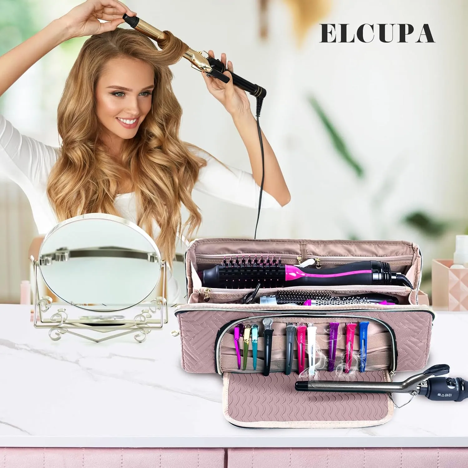 Large Hair Tools Travel Bag with Iron Mat - 2in1 Hair Tools Organizer for Hair Dryer Brush, Flat Irons, Straighteners, Curling Irons, Hair Bag, Makeup Bag, Cosmetic Bag for Travel Essentials