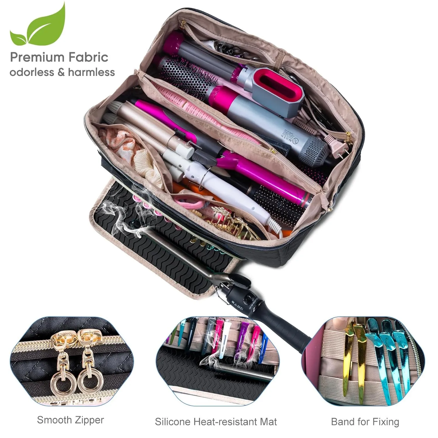 Large Hair Tools Travel Bag with Iron Mat - 2in1 Hair Tools Organizer for Hair Dryer Brush, Flat Irons, Straighteners, Curling Irons, Hair Bag, Makeup Bag, Cosmetic Bag for Travel Essentials
