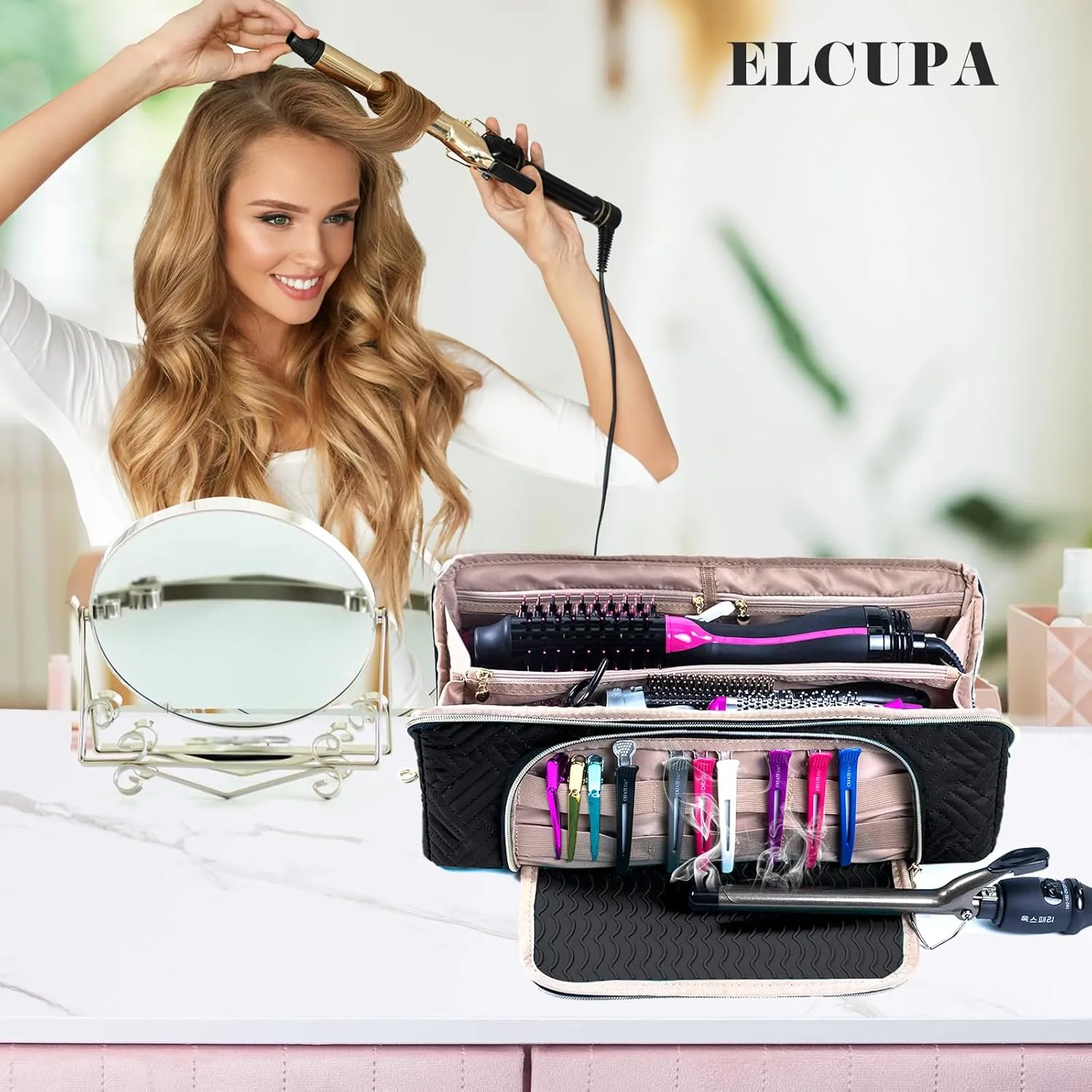 Large Hair Tools Travel Bag with Iron Mat - 2in1 Hair Tools Organizer for Hair Dryer Brush, Flat Irons, Straighteners, Curling Irons, Hair Bag, Makeup Bag, Cosmetic Bag for Travel Essentials