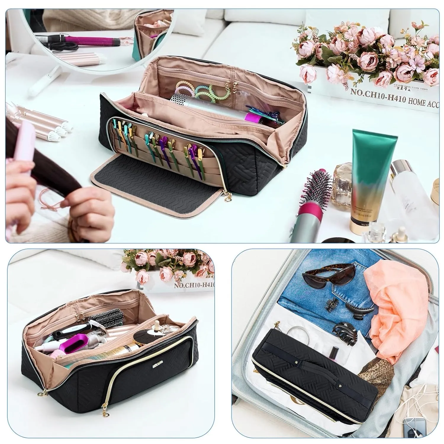 Large Hair Tools Travel Bag with Iron Mat - 2in1 Hair Tools Organizer for Hair Dryer Brush, Flat Irons, Straighteners, Curling Irons, Hair Bag, Makeup Bag, Cosmetic Bag for Travel Essentials