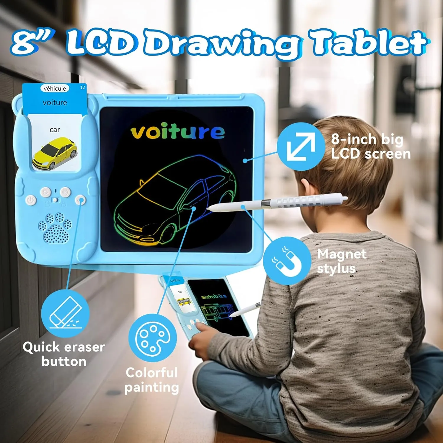 LCD Writing Tablet for Kids 3-12 - Talking English French Flash Cards, Bilingual 510 Sight Words, Toddler Pocket Speech, Learning Drawing Pad Board, Autism Toys for Children Boys (Blue)