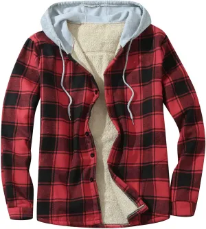LCMTWX Men's Flannel Jackets Large Plaid Lapel Pocket Plus Velvet Coat Shirt Top Coat with Zipper with Hood for