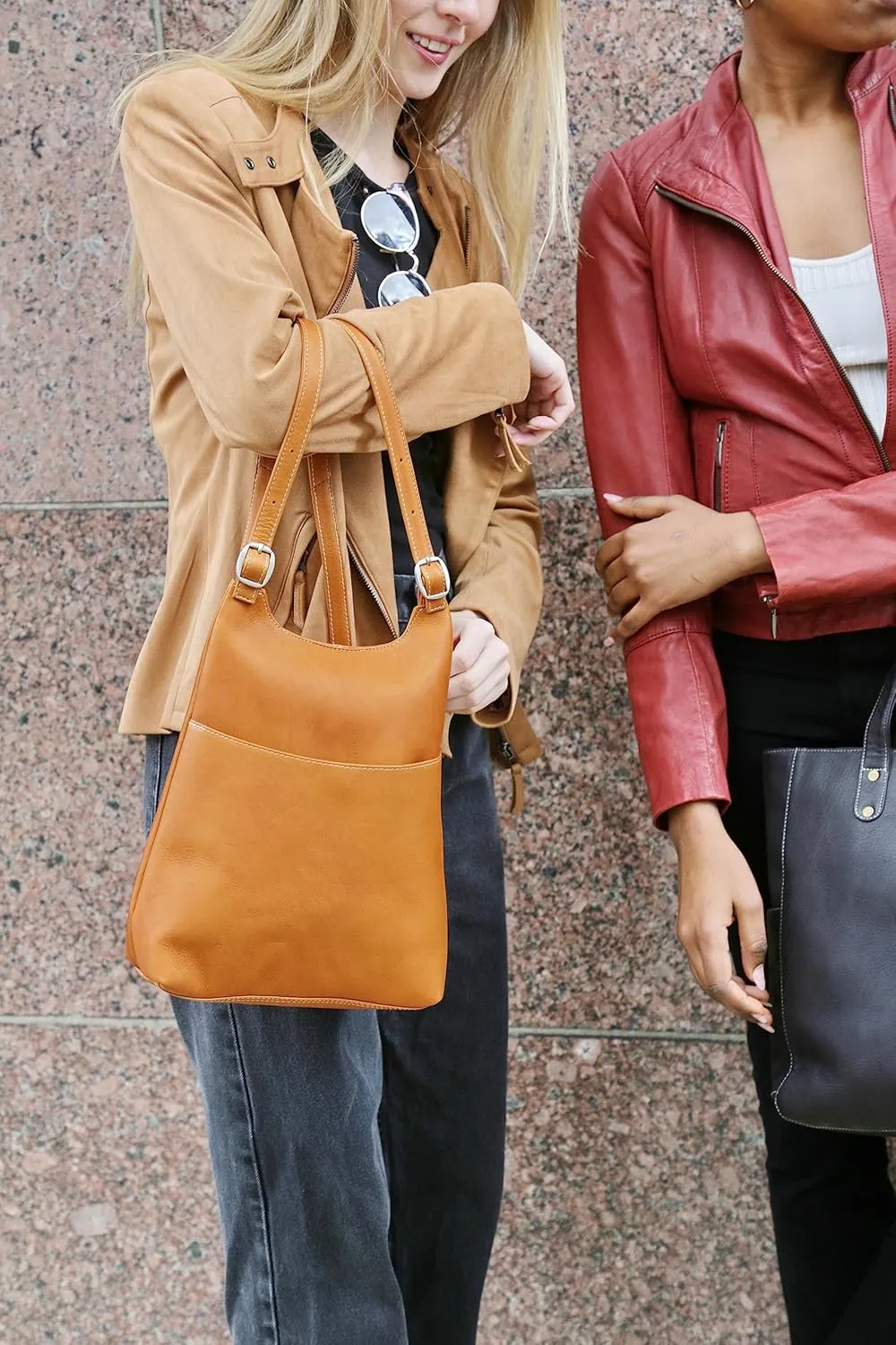 Le Donne Leather Women’s Slim Sling Backpack – Premium Full-Grain Colombian Vaquetta Leather Backpack, 12" x 4" x 9", Cafe