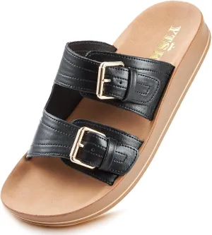 Leather Flat Sandals Beach Essentials Womens Sandals with Adjustable Buckle Memory Foam Vacation Slides for Women Footwear
