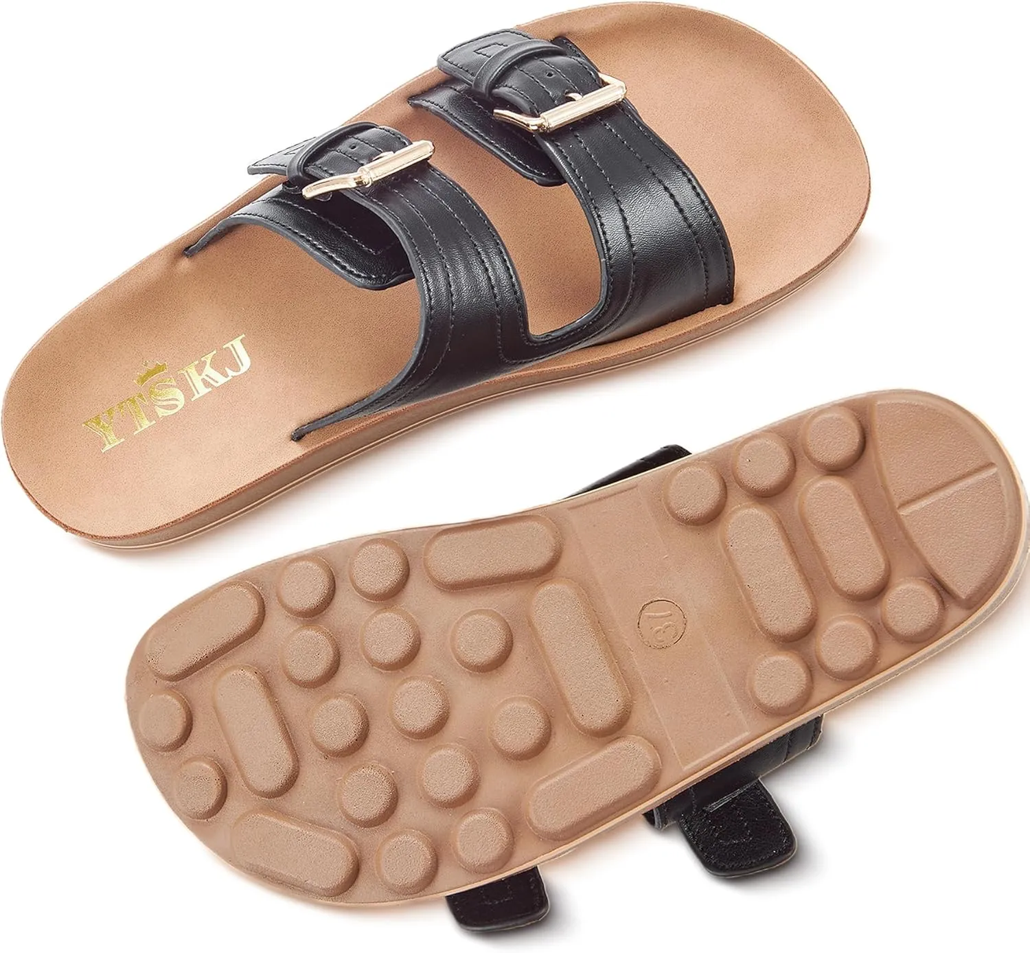Leather Flat Sandals Beach Essentials Womens Sandals with Adjustable Buckle Memory Foam Vacation Slides for Women Footwear