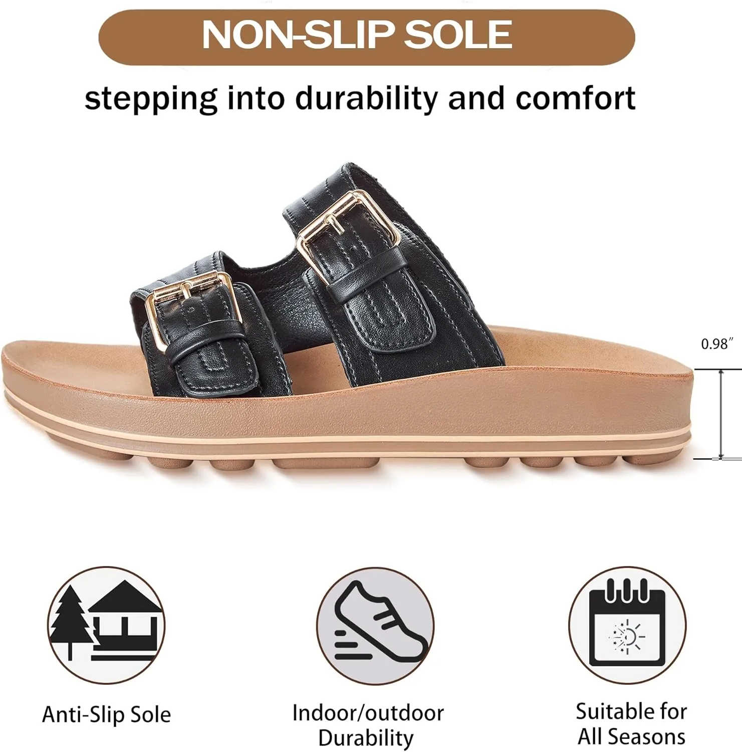 Leather Flat Sandals Beach Essentials Womens Sandals with Adjustable Buckle Memory Foam Vacation Slides for Women Footwear