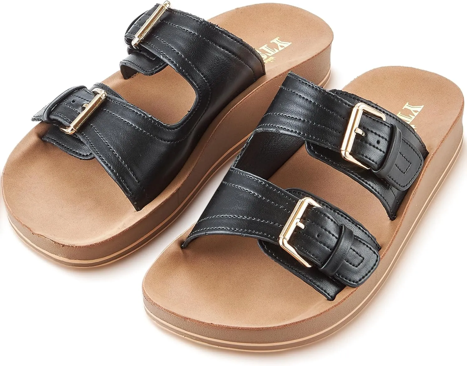 Leather Flat Sandals Beach Essentials Womens Sandals with Adjustable Buckle Memory Foam Vacation Slides for Women Footwear