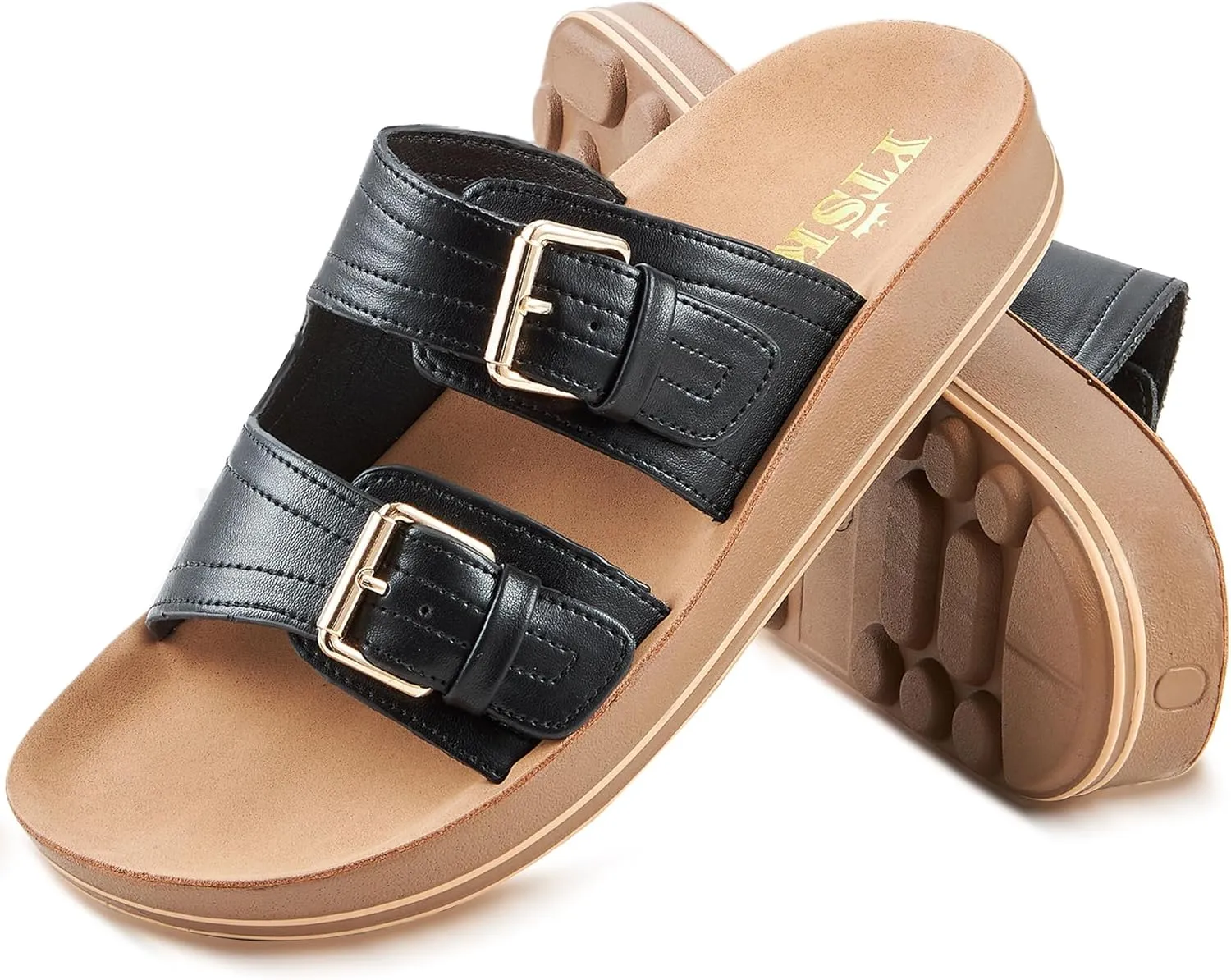 Leather Flat Sandals Beach Essentials Womens Sandals with Adjustable Buckle Memory Foam Vacation Slides for Women Footwear