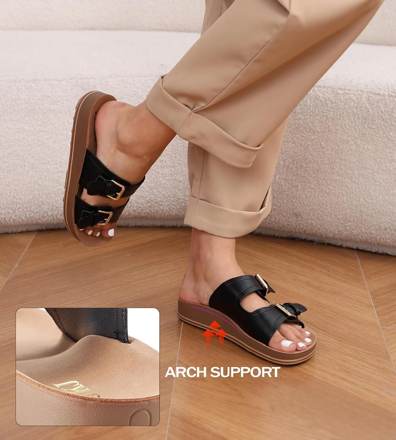 Leather Flat Sandals Beach Essentials Womens Sandals with Adjustable Buckle Memory Foam Vacation Slides for Women Footwear