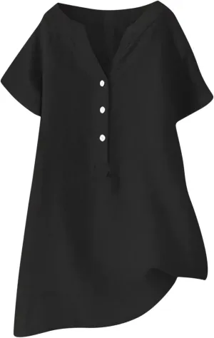 Linen Shirts for Women Casual Quarter Button Down Short Sleeve Tops Fashion Tunic Solid Summer Hawaiian Clothes