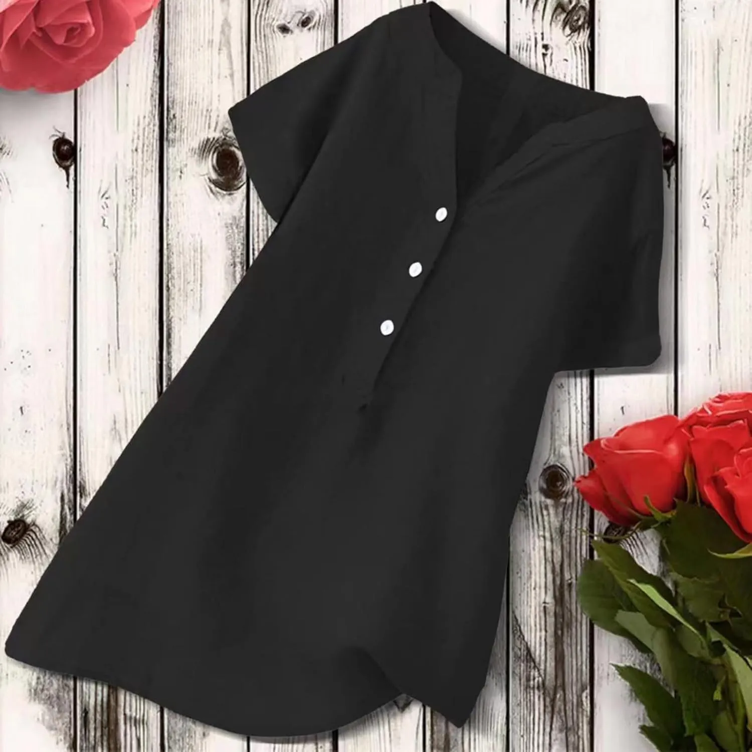 Linen Shirts for Women Casual Quarter Button Down Short Sleeve Tops Fashion Tunic Solid Summer Hawaiian Clothes