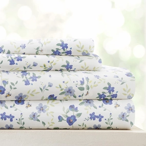 Linen Market Double-Brushed Patterned Microfiber Queen Sheet Set 4 Piece – Oeko-TEX Certified Ultra Soft & Wrinkle-Free - 16" Deep Pocket Sheets - Easy Care Queen Size - Blossoms Light Blue