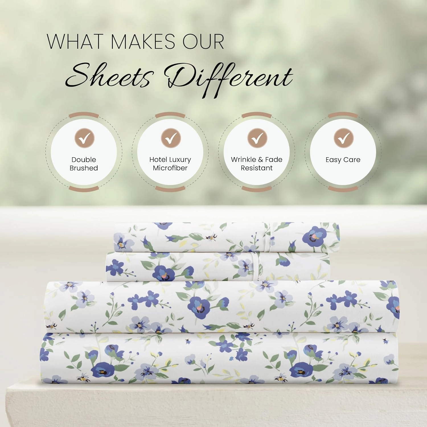 Linen Market Double-Brushed Patterned Microfiber Queen Sheet Set 4 Piece – Oeko-TEX Certified Ultra Soft & Wrinkle-Free - 16" Deep Pocket Sheets - Easy Care Queen Size - Blossoms Light Blue