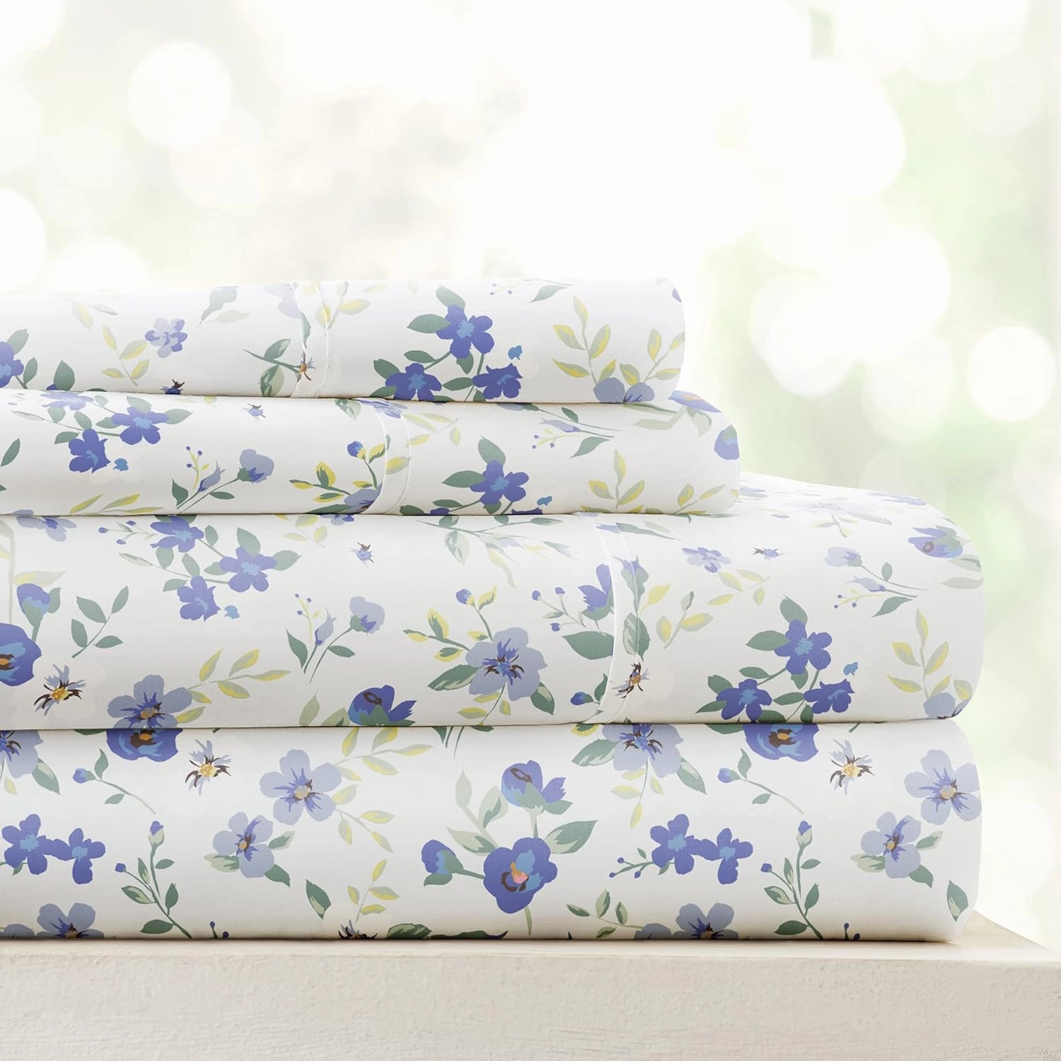 Linen Market Double-Brushed Patterned Microfiber Queen Sheet Set 4 Piece – Oeko-TEX Certified Ultra Soft & Wrinkle-Free - 16" Deep Pocket Sheets - Easy Care Queen Size - Blossoms Light Blue