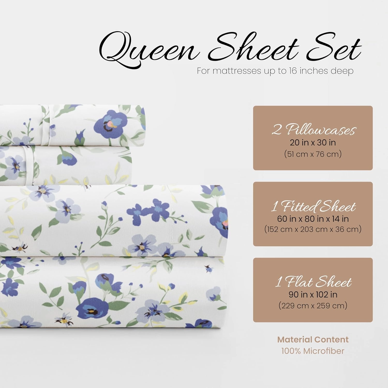 Linen Market Double-Brushed Patterned Microfiber Queen Sheet Set 4 Piece – Oeko-TEX Certified Ultra Soft & Wrinkle-Free - 16" Deep Pocket Sheets - Easy Care Queen Size - Blossoms Light Blue