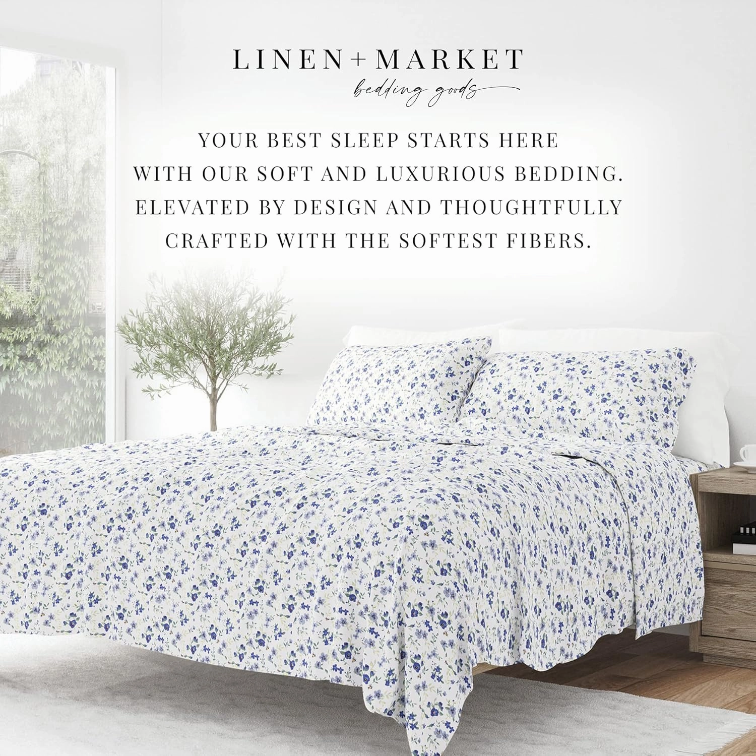 Linen Market Double-Brushed Patterned Microfiber Queen Sheet Set 4 Piece – Oeko-TEX Certified Ultra Soft & Wrinkle-Free - 16" Deep Pocket Sheets - Easy Care Queen Size - Blossoms Light Blue