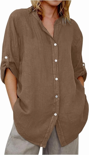Linen Shirts for Women 3/4 Roll Up Sleeve Casual Loose Fit Button Down Boyfriend Blouses Beach Vacation Tunic Tops