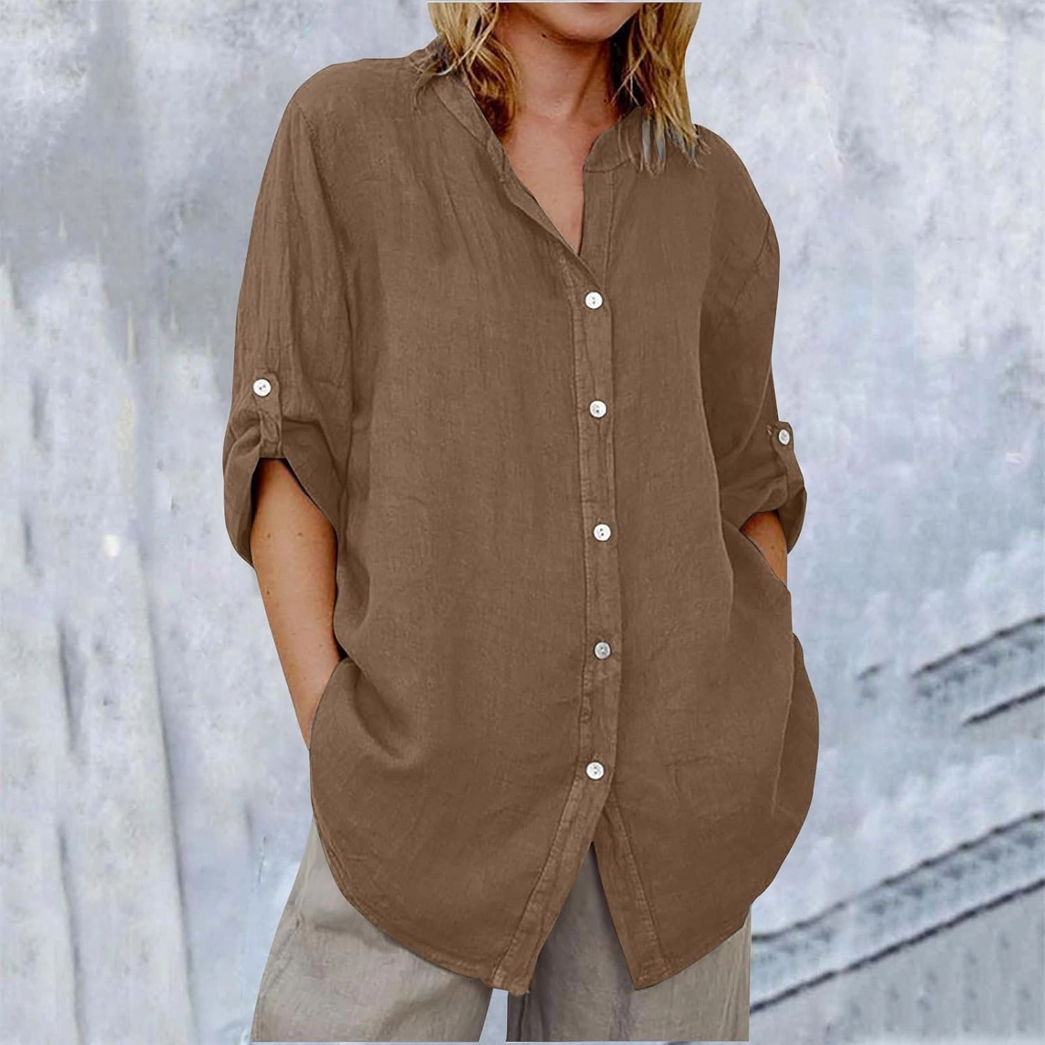 Linen Shirts for Women 3/4 Roll Up Sleeve Casual Loose Fit Button Down Boyfriend Blouses Beach Vacation Tunic Tops