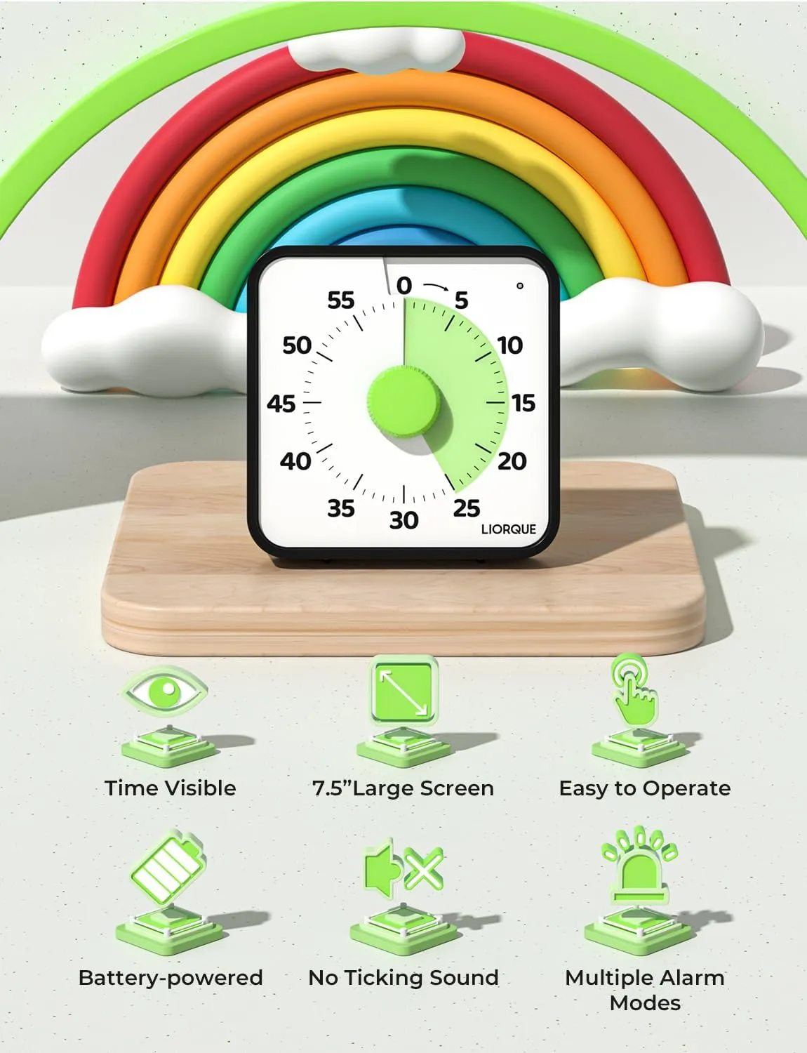 LIORQUE 60 Minute Visual Timer for Kids and Adults, Non-Ticking 7.5 Inch Large Visual Countdown Timers for Classroom Desk Countdown Clock with Magnetic Backing, Kids Pomodoro Timer Clock
