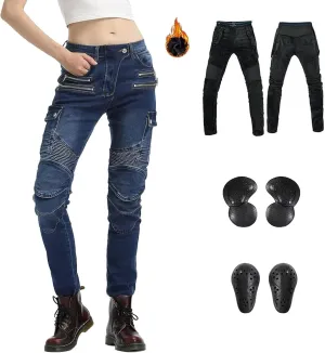 LOMENG Motorcycle Riding Pants Motocross Cycling Jeans Slim Stretch Pants CE Knee Hip Removable Armored for Women