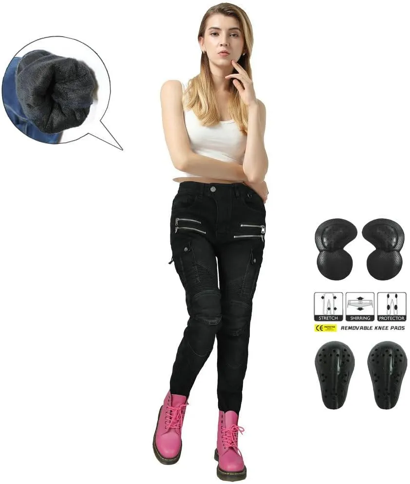 LOMENG Motorcycle Riding Pants Motocross Cycling Jeans Slim Stretch Pants CE Knee Hip Removable Armored for Women