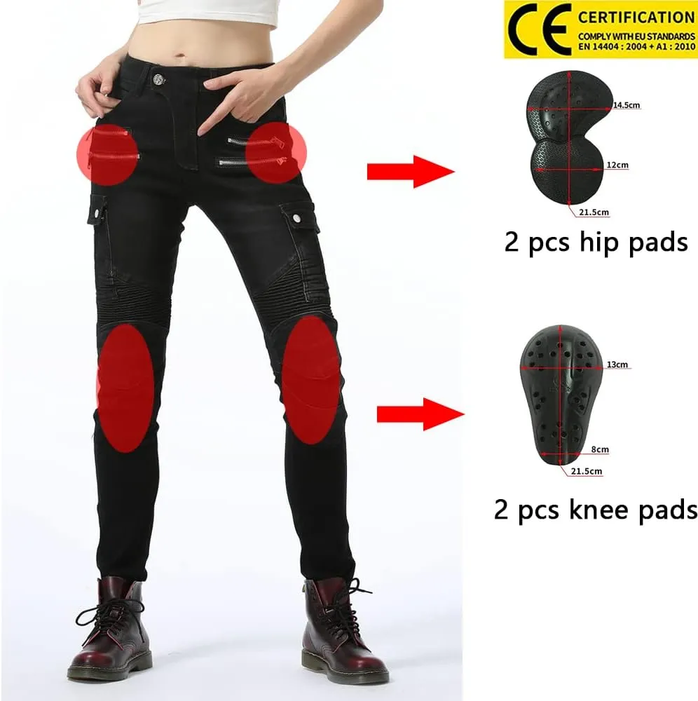 LOMENG Motorcycle Riding Pants Motocross Cycling Jeans Slim Stretch Pants CE Knee Hip Removable Armored for Women